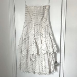 White And Black Dotted Strapless Flounced Midi Dress